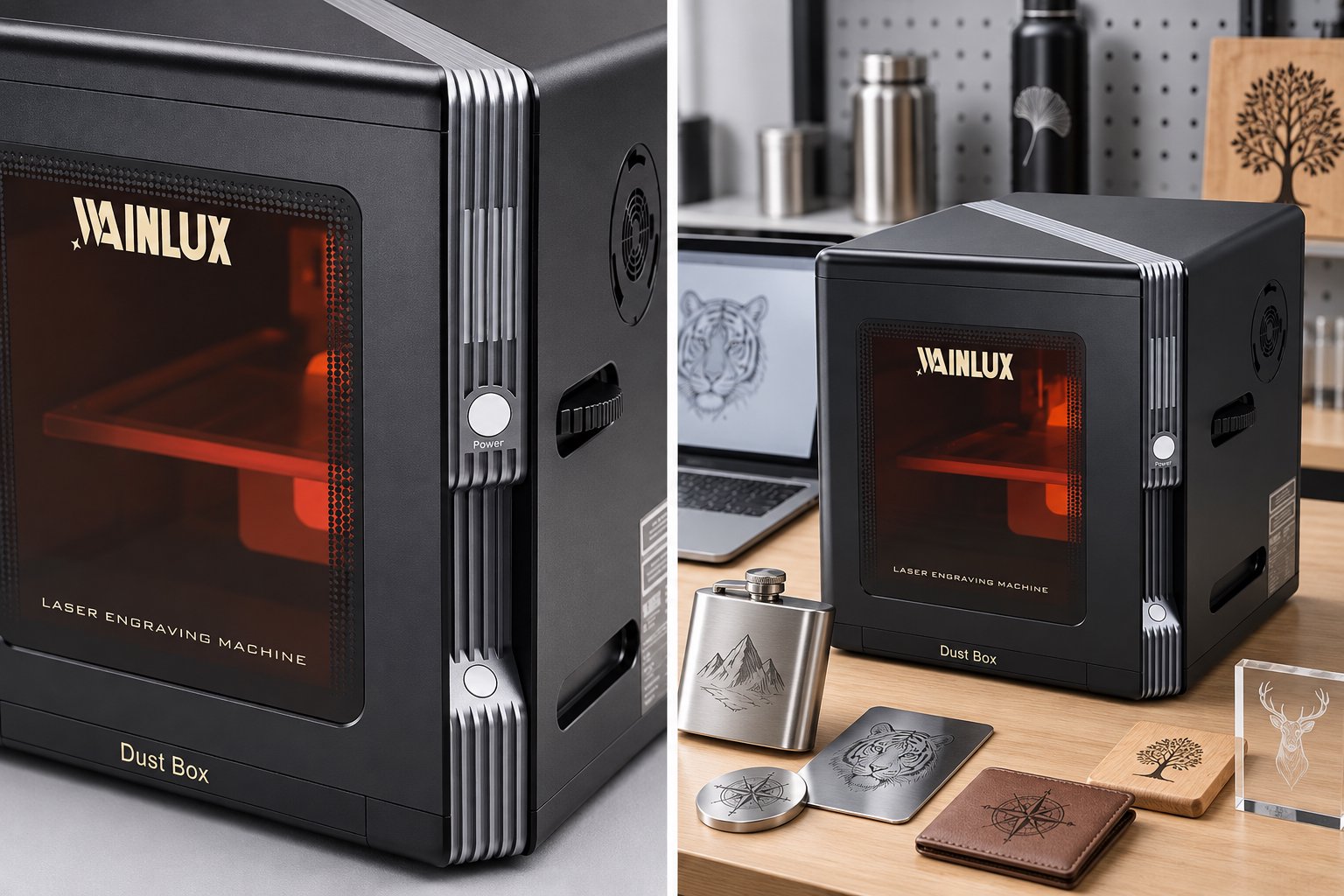 WAINLUX K8 portable laser engraver with finished samples on metal, leather, wood and acrylic