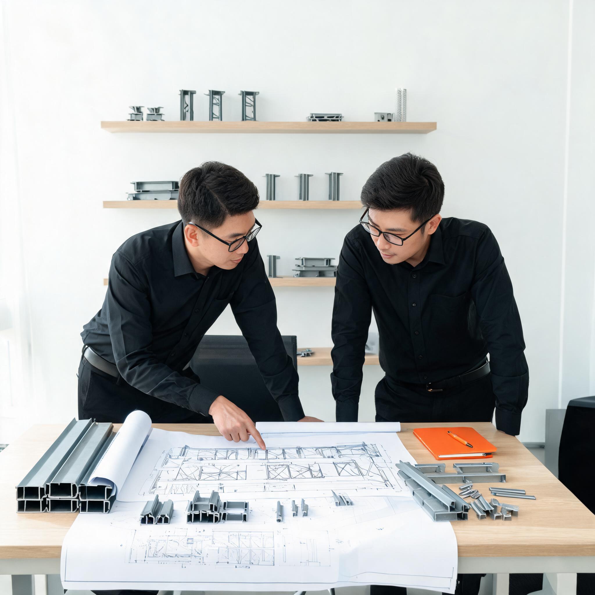 会議室で工場建屋の設計図について話し合う鉄骨構造エンジニア