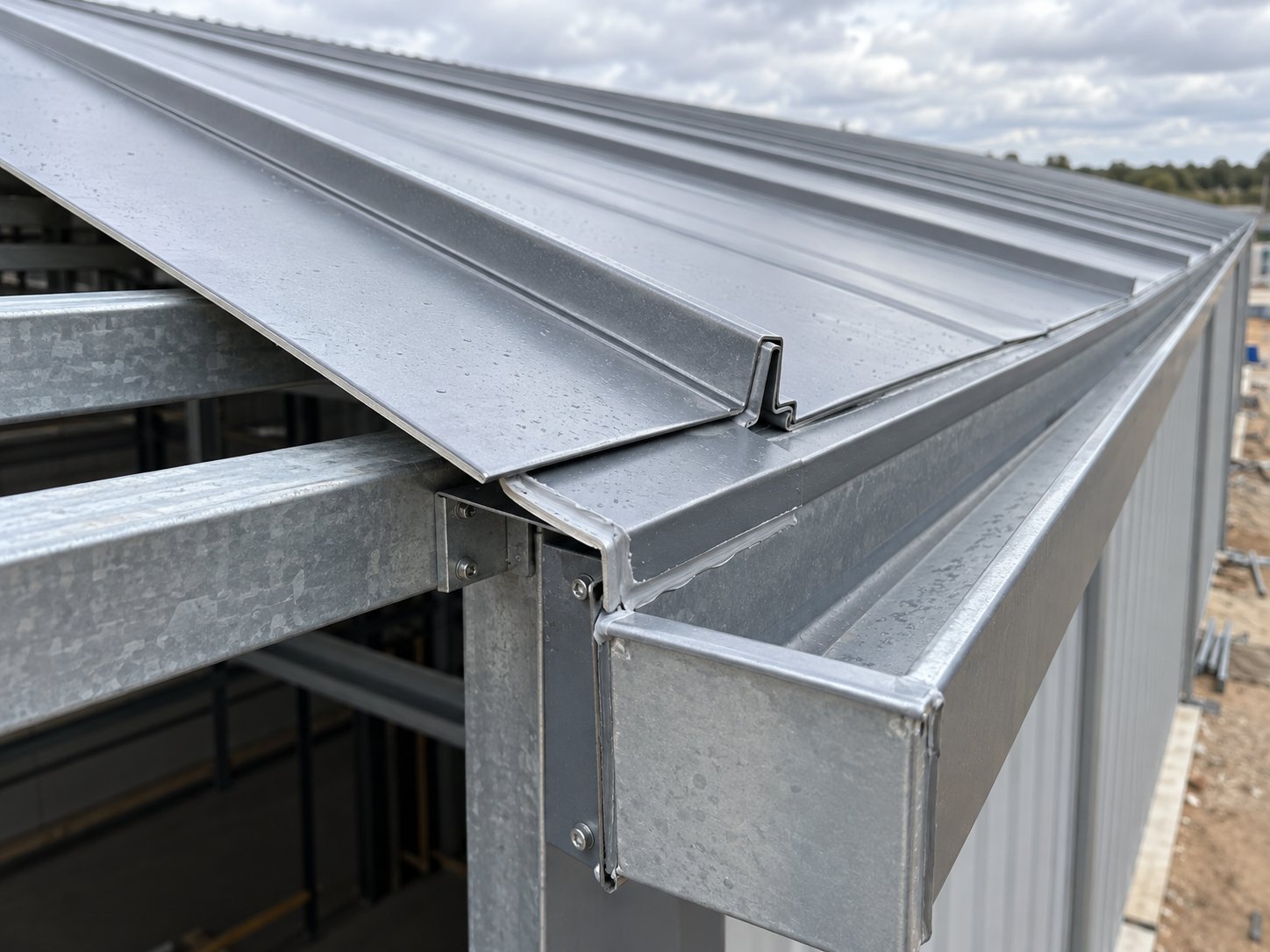 Standing seam metal roof panels with sealed gutter and flashing detail at the eave