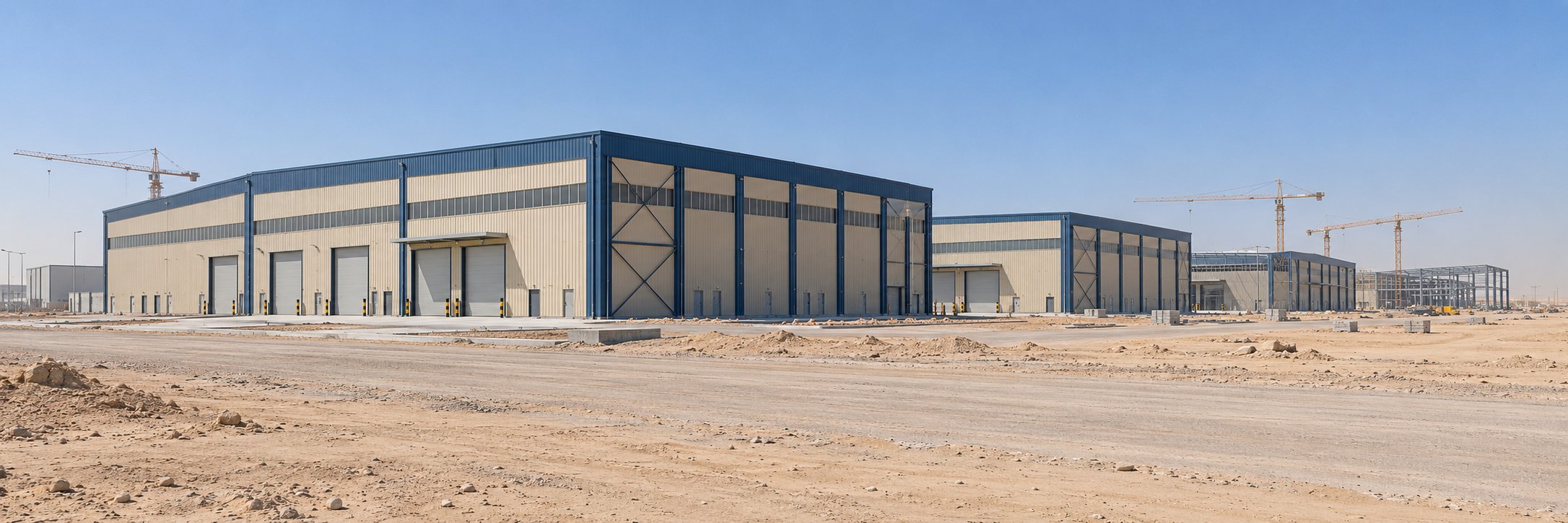 Large pre-engineered steel structure warehouse buildings in a Middle Eastern desert industrial park