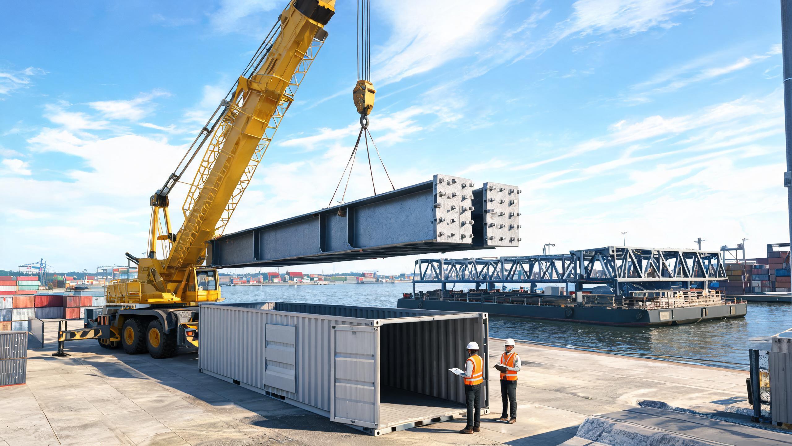 Illustrative rendering of a modular steel bridge girder segment with bolted splice plates being loaded into a 40-foot shipping container at a port yard
