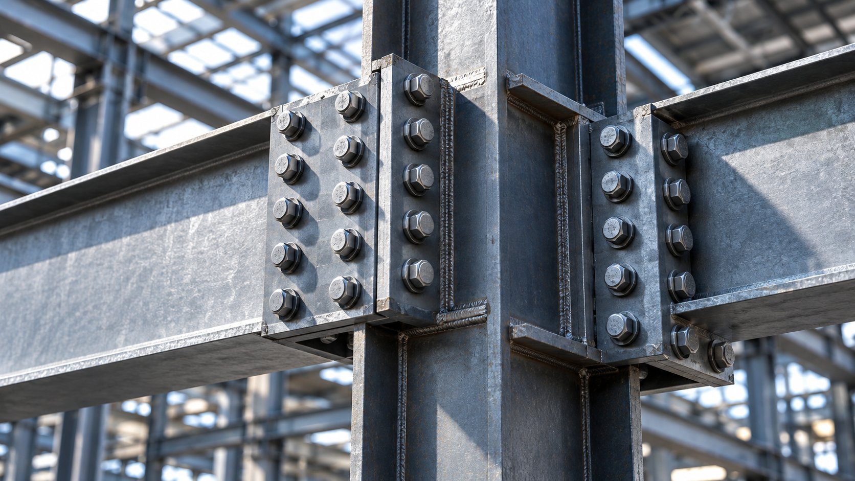 Bolted beam-to-column connection on a steel structure building frame with high-strength bolts and welded H-section column
