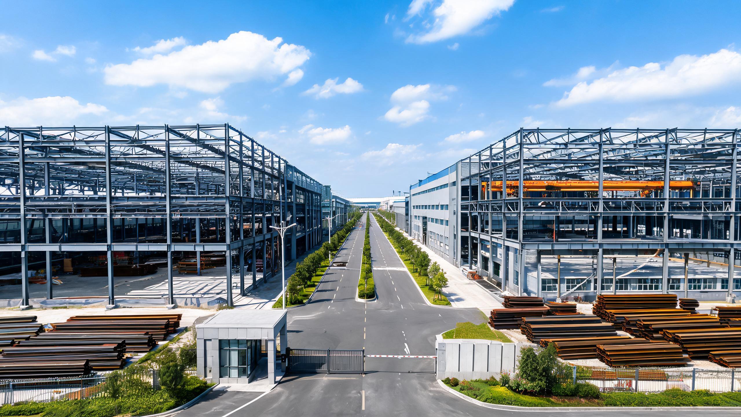 Aerial view of prefabricated steel structure manufacturing facility with portal-frame workshops