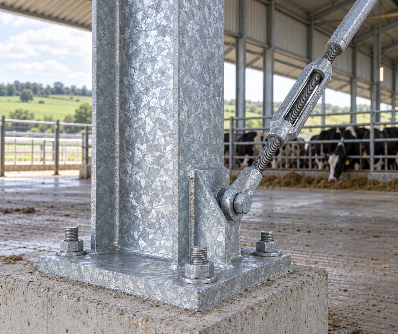 Hot-dip galvanized steel column base plate with anchor bolts and bracing gusset inside a dairy barn