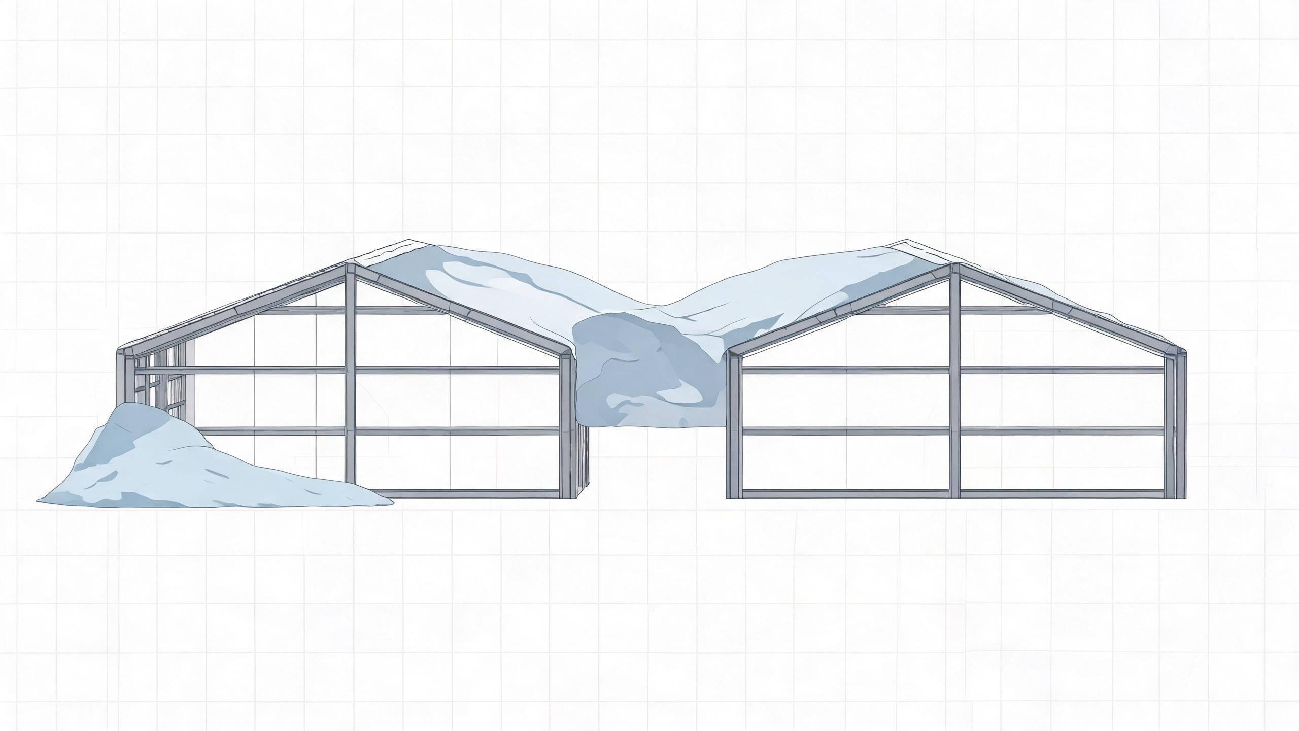 Illustrative diagram of unbalanced snow drift on a multi-span gable roof, with deep drifts in the valley and against the higher end block and lighter snow on windward slopes
