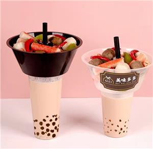 Disposable Hot Pot Snack Milk Tea Cup With Lids and Straws Fruit Salad Plastic Cup With Snack Tray Snack-Top Cup