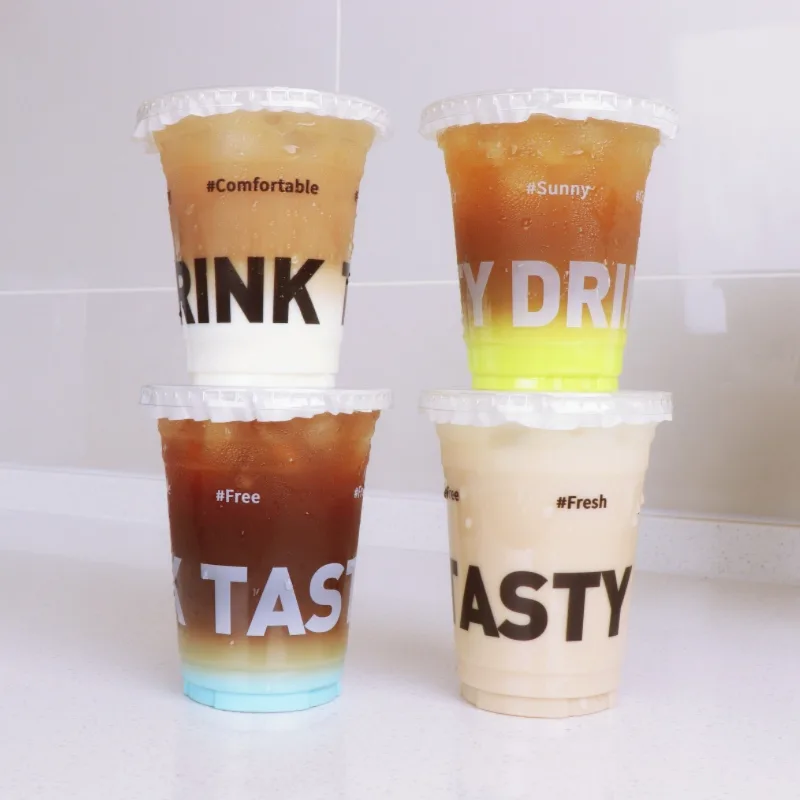 Custom Logo Clear PET Disposable Plastic Cold Drink Coffee Ice Cream Glass Cup Disposable With Lids Crystal-Clear Beverage Container