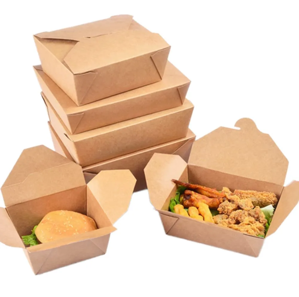 Custom Logo Printing Leakproof Takeaway Boxes Food Grade Take Out Kraft Paper Food Packaging Box Lunch Box
