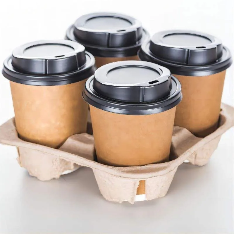 Coffee Shop Supplies Custom Cardboard Beverage Holder Brown Takeaway Paper Carrier Tray Disposable Kraft Paper Cup Holder Beverage Carrier Tray