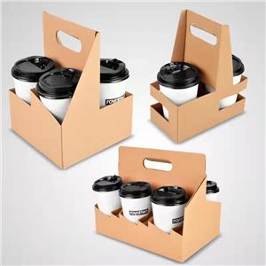 Customized Takeaway Hot Drink Cardboard Papercup Carrier With Handle Disposable Kraft Bubble Tea Coffee to Go Paper Cup Holder Multi-Drink Carrier