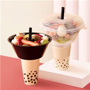 Disposable Hot Pot Snack Milk Tea Cup With Lids and Straws Fruit Salad Plastic Cup With Snack Tray All-in-One Party Cup