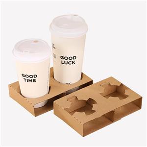Coffee Shop Supplies Custom Cardboard Beverage Holder Brown Takeaway Paper Carrier Tray Disposable Kraft Paper Cup Holder Drink Server Caddy