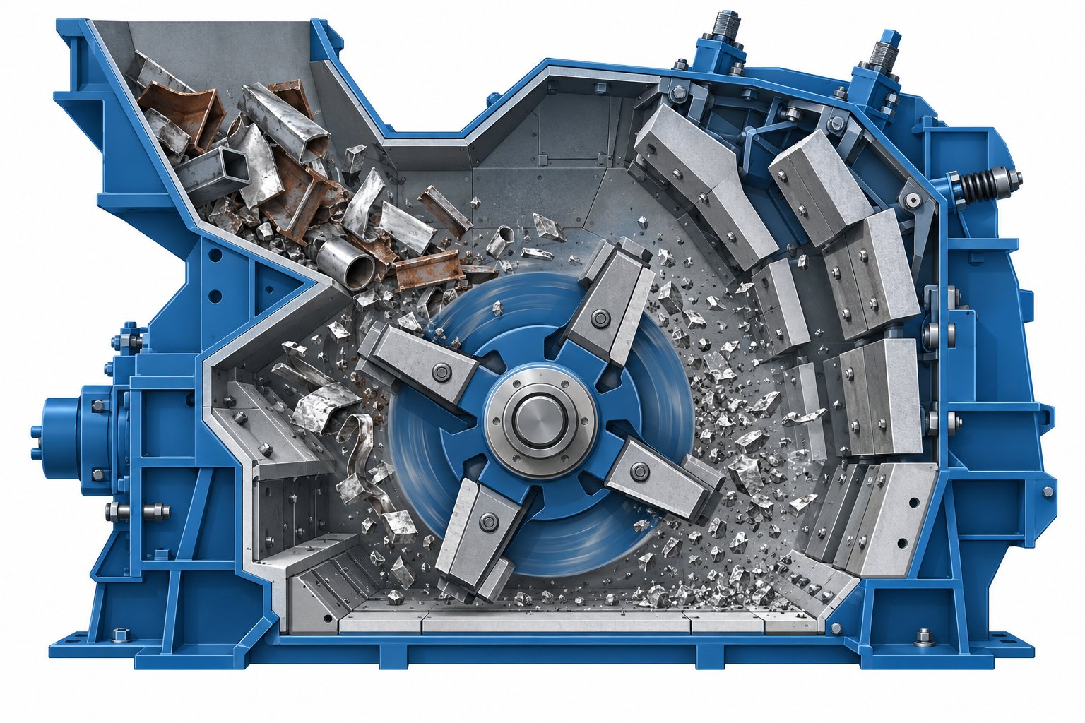 Cutaway illustration of a horizontal impact crusher rotor striking scrap against impact curtains