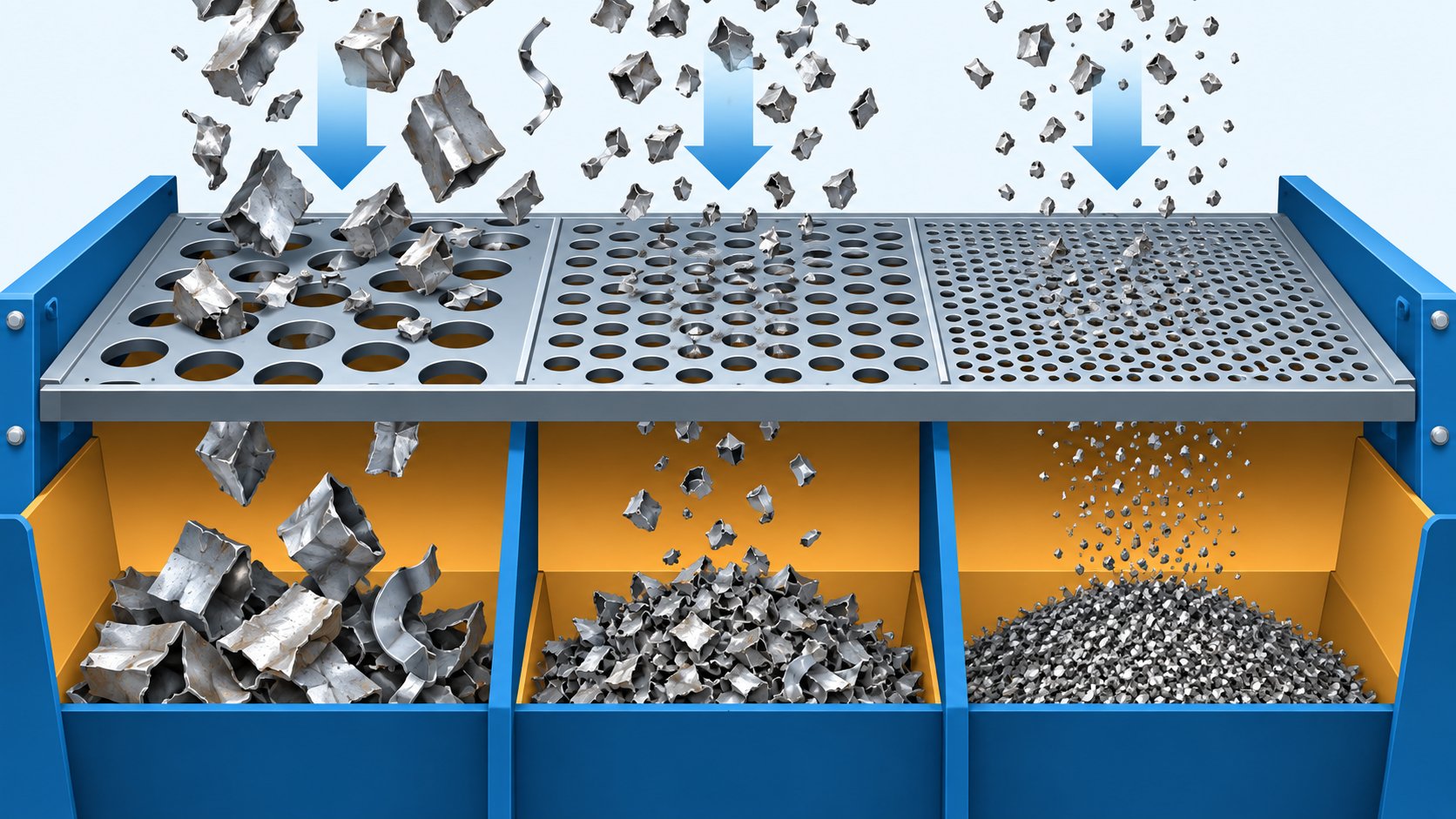 Conceptual illustration of shredded metal particles separating by size through screen openings