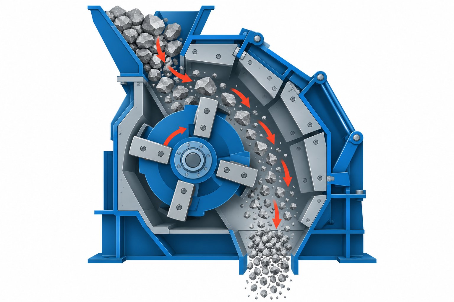Material flow diagram through an impact crusher from feed to discharge