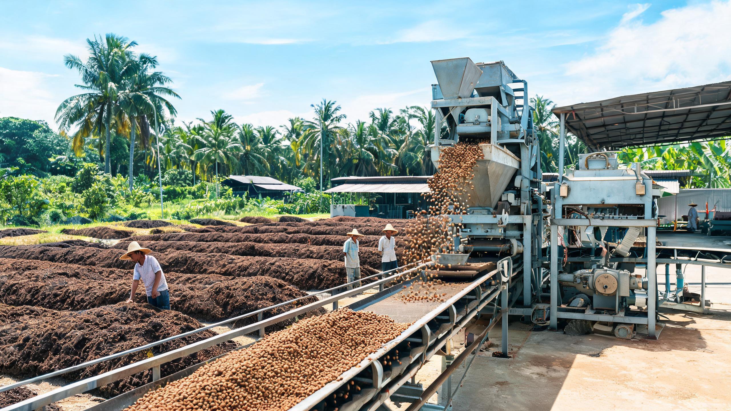 Organic material processing equipment producing rounded fertilizer granules outdoors