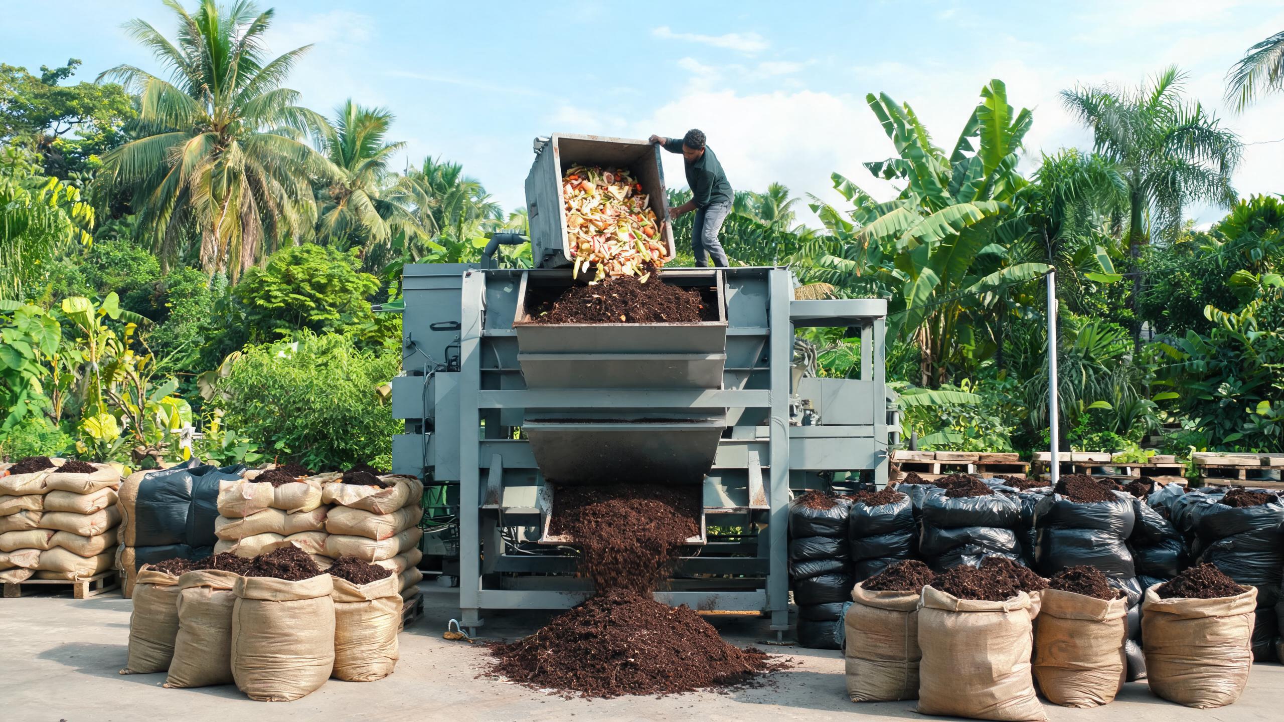 Food waste composting machine converting kitchen waste into bagged finished compost