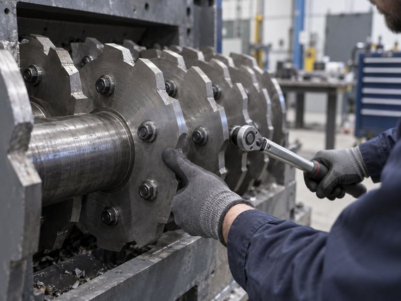 Technician checking a bolt-on cutting disc on a shredder rotor with a torque tool