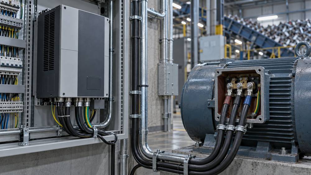 Frequency inverter cabinet wired to an industrial motor terminal box