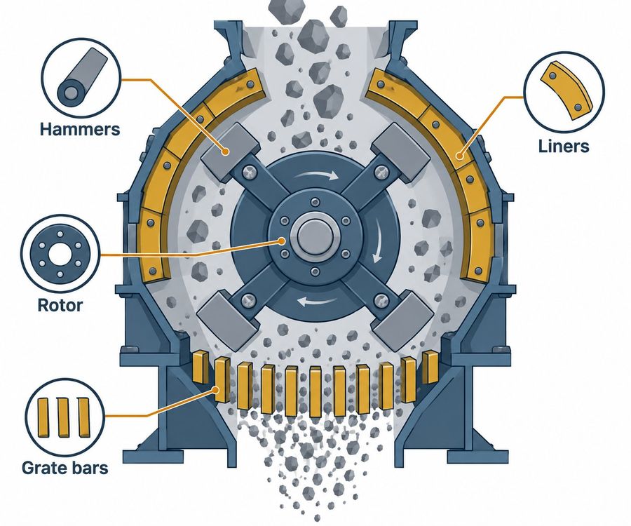 Hammer mill crushing chamber cross-section showing rotor, hammers, grate bars and liners