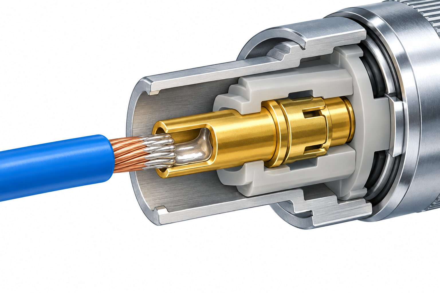 Cutaway illustration of a solder cup contact inside a push-pull circular connector, showing a tinned wire entering the cup with a solder fillet