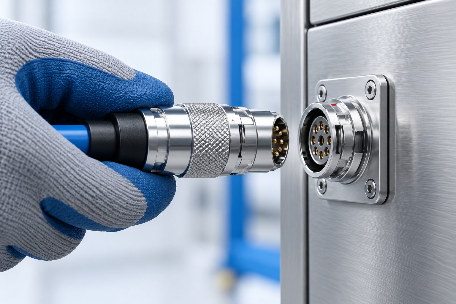 Engineer mating a circular push-pull connector into a panel socket on a control cabinet