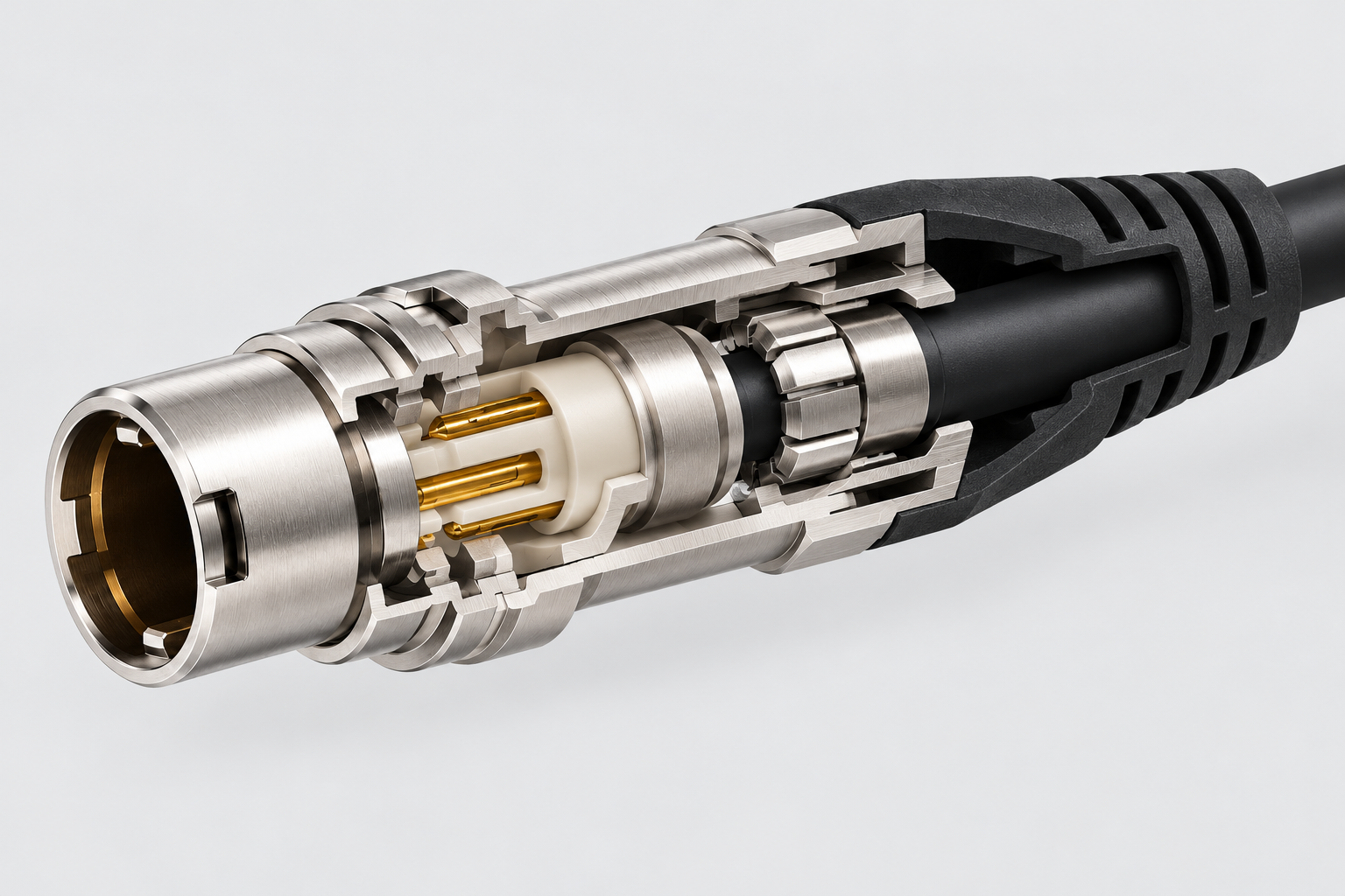 Cutaway illustration of a push-pull connector cable end showing the insulator, cable clamp and molded sleeve tail