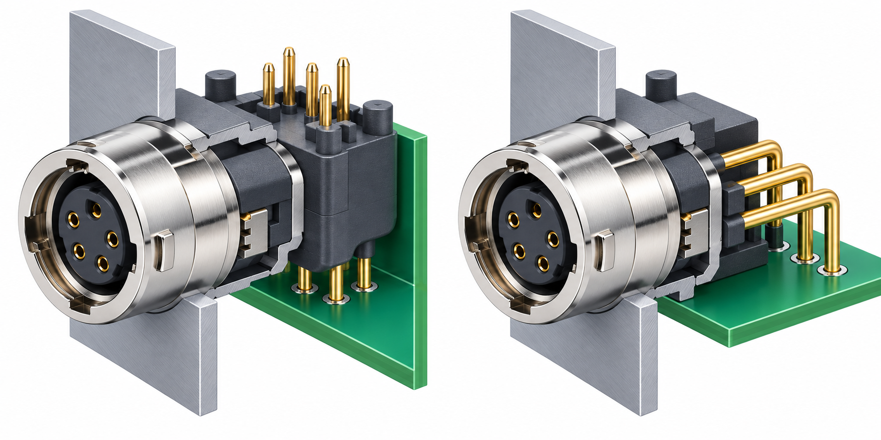 Cutaway comparison of a circular push-pull connector with short straight pins soldered into a perpendicular PCB versus long elbow pins reaching a parallel PCB