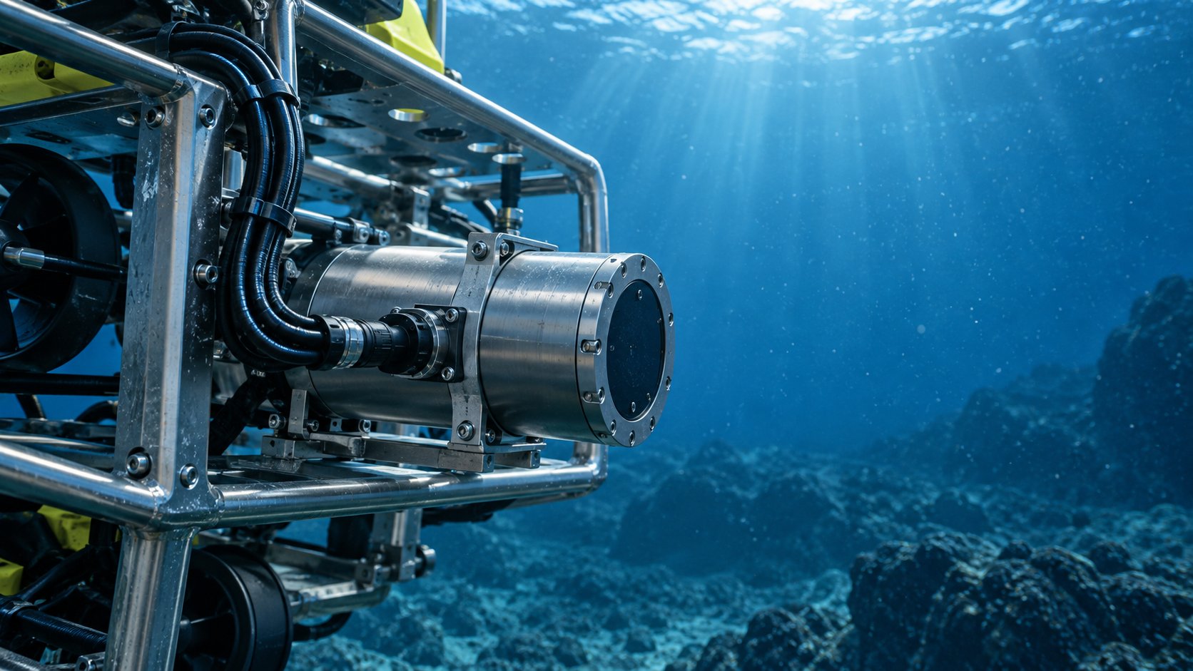 Underwater ROV platform with an instrument housing and sealed cable connections in deep blue water