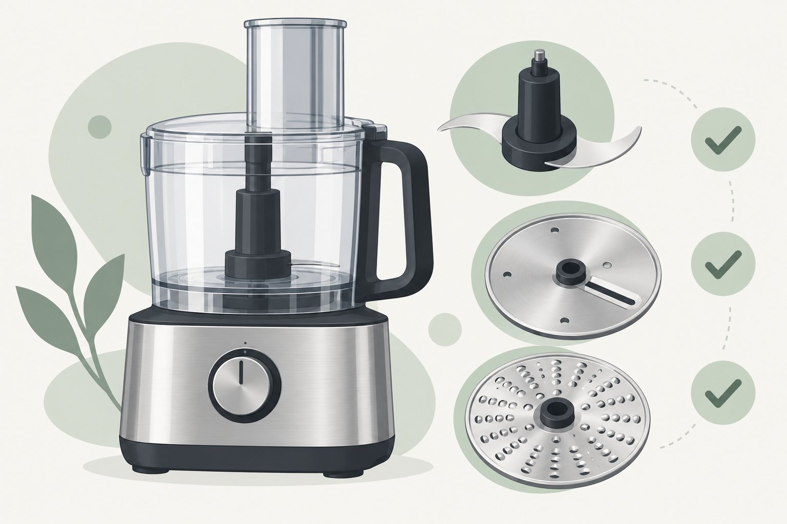 Flat illustration of a food processor shown with its chopping blade, slicing disc and shredding disc attachments next to checklist tick marks