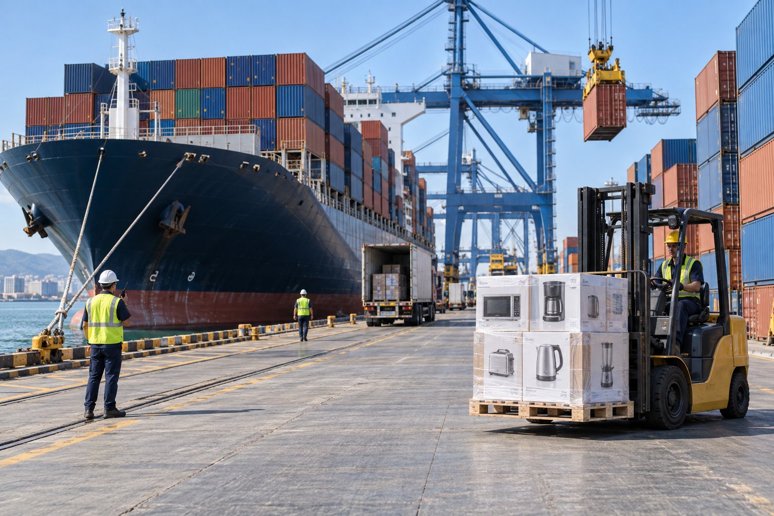 Pallet of boxed household appliances being loaded by a forklift beside a container ship at the port