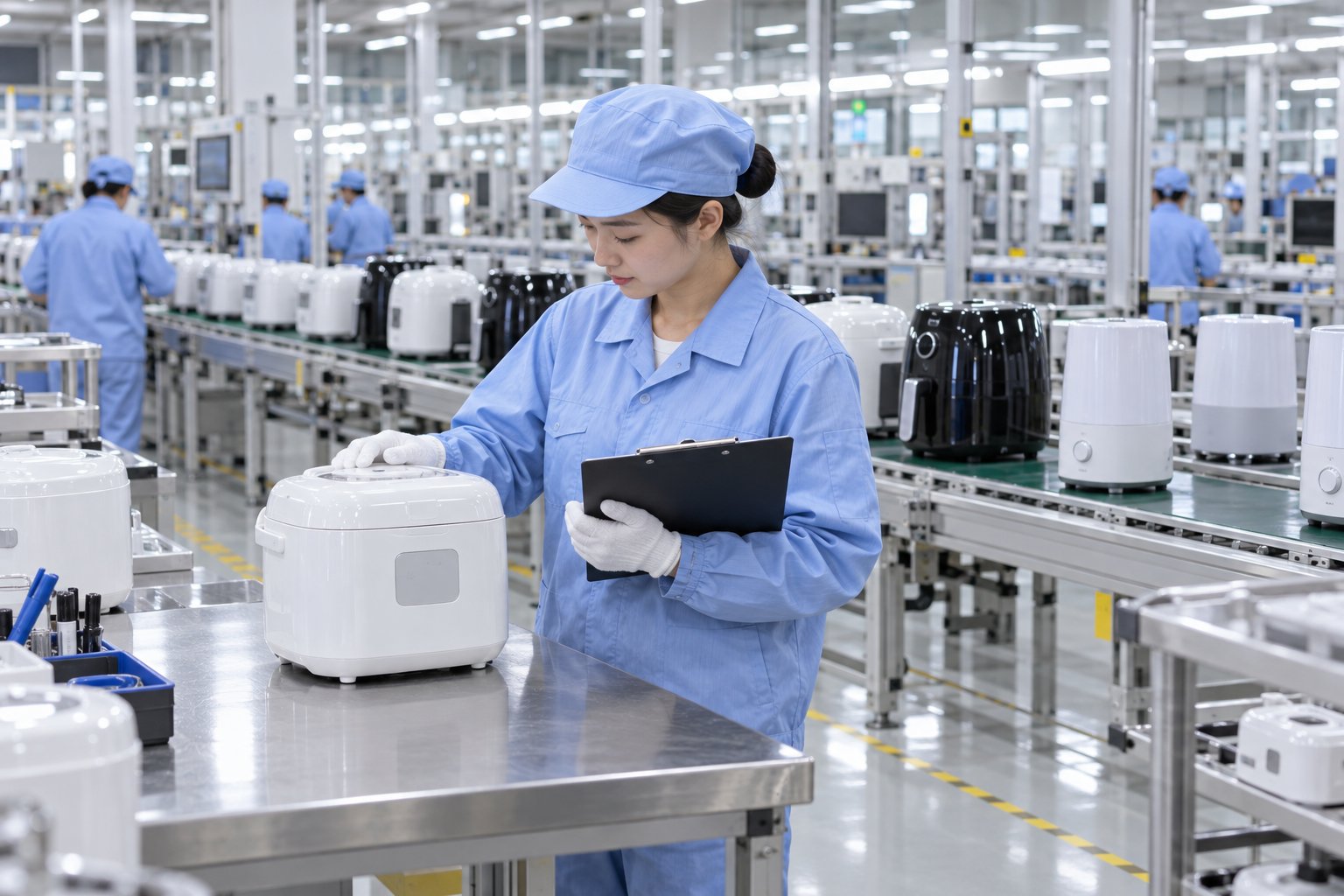 Quality inspector checking an appliance on the production floor with a checklist