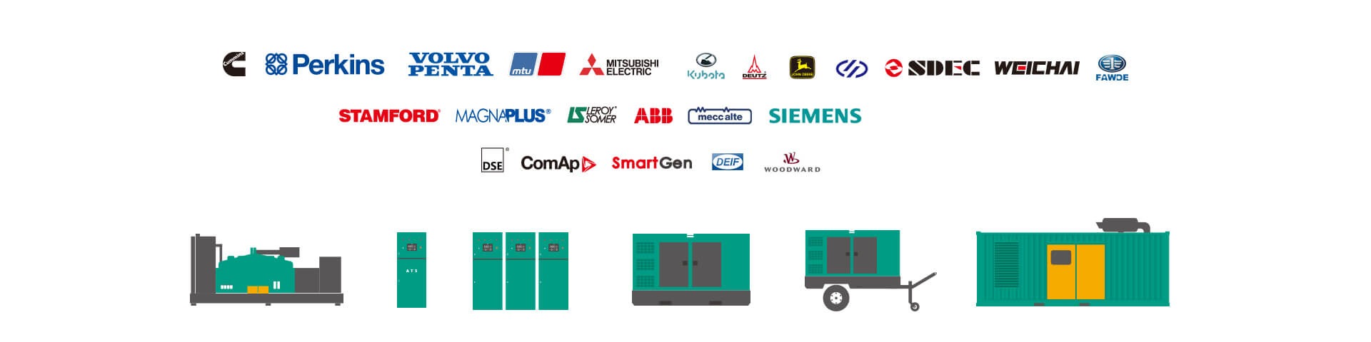Perkins, Volvo Penta, MTU, Mitsubishi, SDEC, Weichai, Stamford, Siemens, ComAp, SmartGen, DEIF and Woodward - Jiangsu Qingzhiteng Power Equipment Co., Ltd product forms