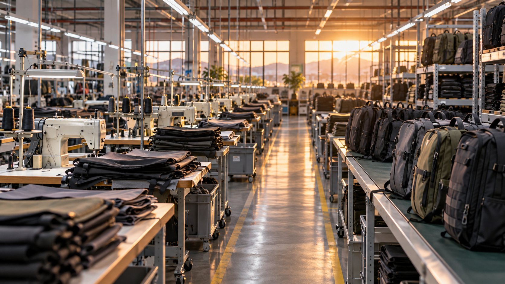 Sewing production line at Wellmax manufacturing softside luggage and bags
