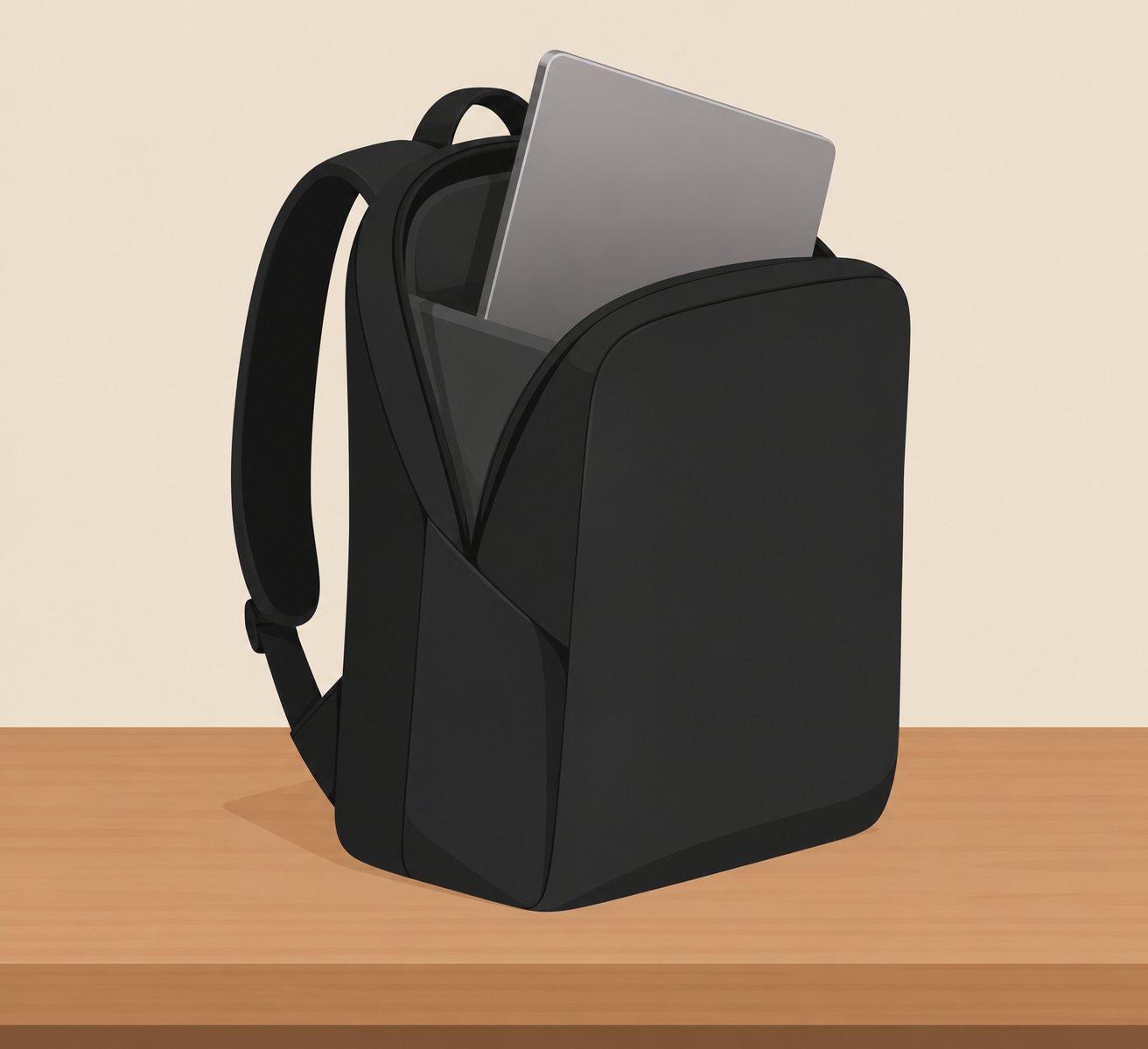 Illustration of an open black anti-theft backpack with concealed zippers taking in a laptop at a desk