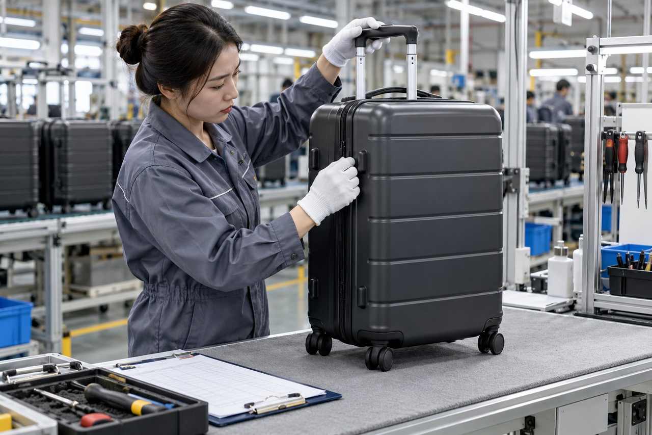 Factory inspector checking the handle and zipper of a finished trolley case before packing