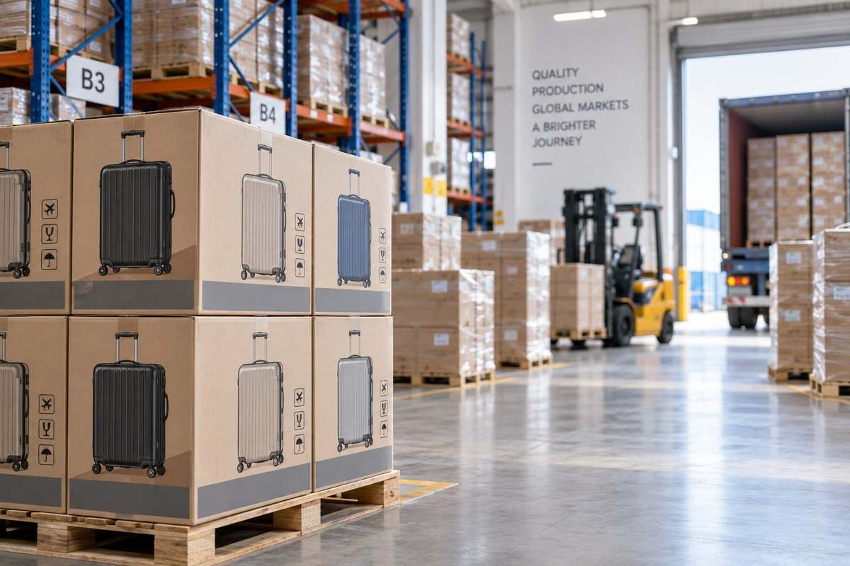Export warehouse with packed cartons staged for container loading