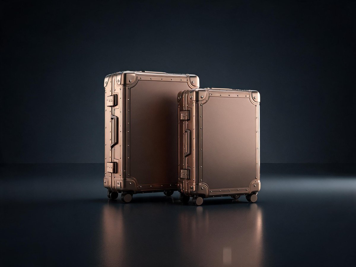 Two-piece aluminum frame checked luggage set in rose gold tones