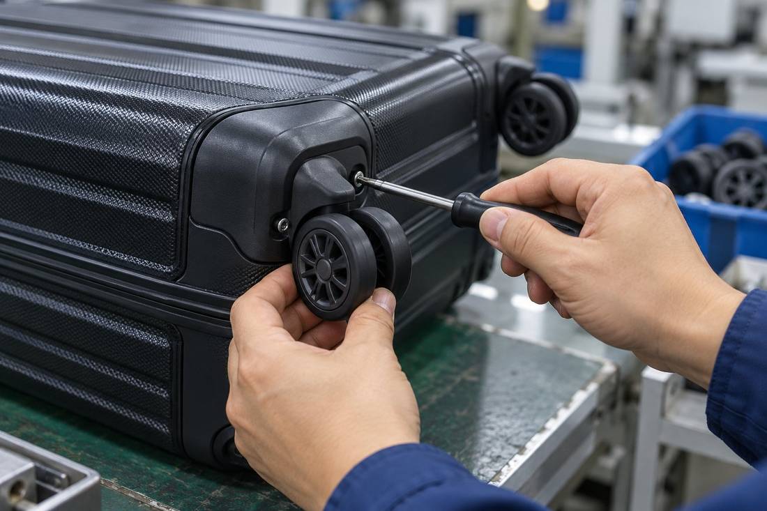 Replacement twin-wheel spinner assembly being fitted to the reinforced corner of a black hardshell trolley case