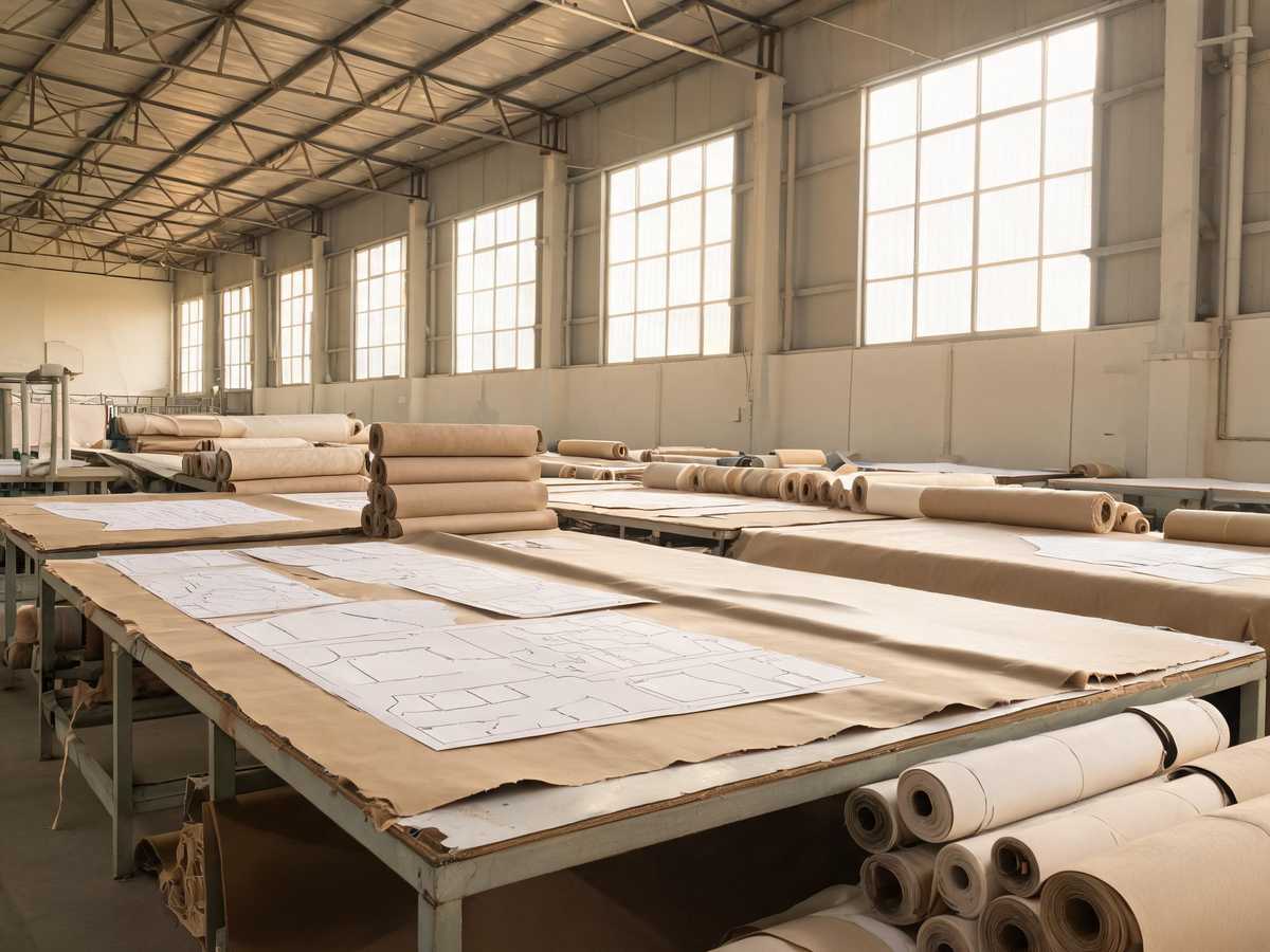 Fabric rolls and pattern layouts on cutting tables in the Wellmax cutting workshop