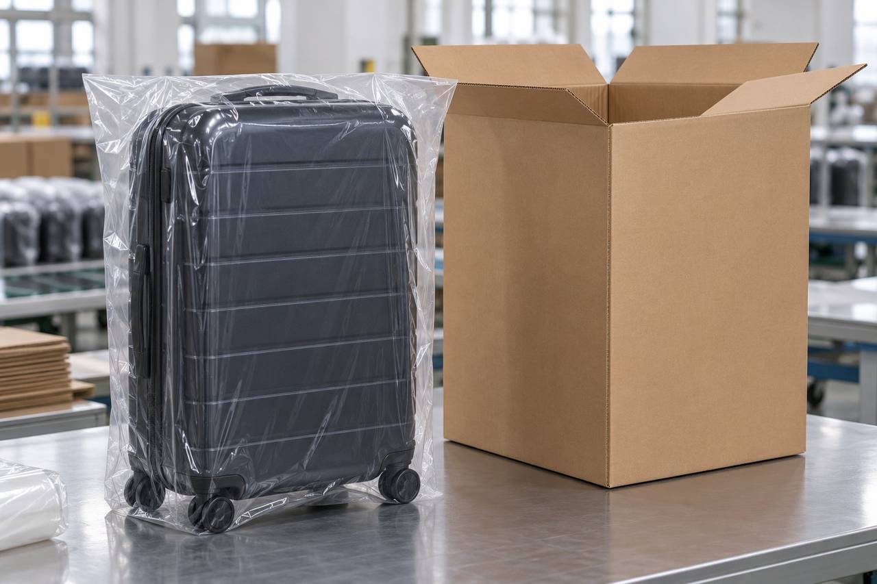 Hardshell trolley case in an individual poly bag beside an open export carton