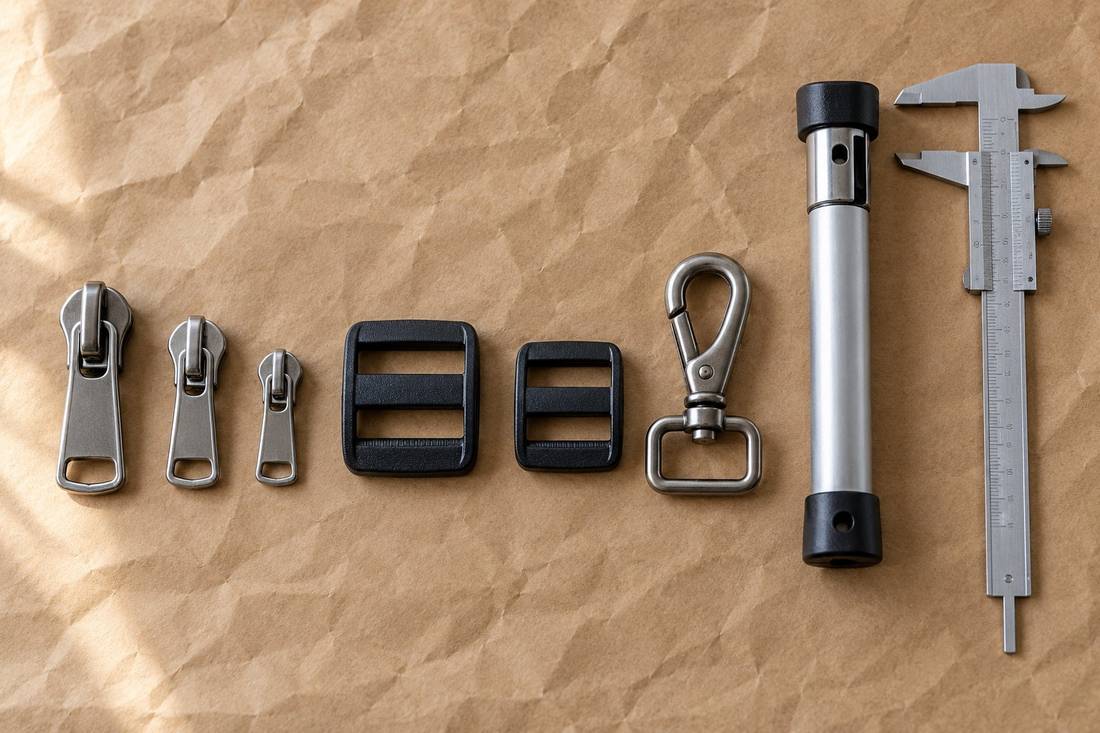Zipper sliders, strap buckles, a snap hook, a replacement handle tube and a caliper laid out on kraft paper