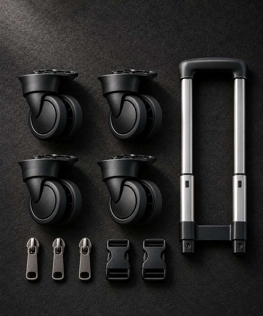 Spare trolley wheels, a telescopic handle, zipper sliders and buckles laid out on a dark workbench for an OEM luggage and bag spare parts plan