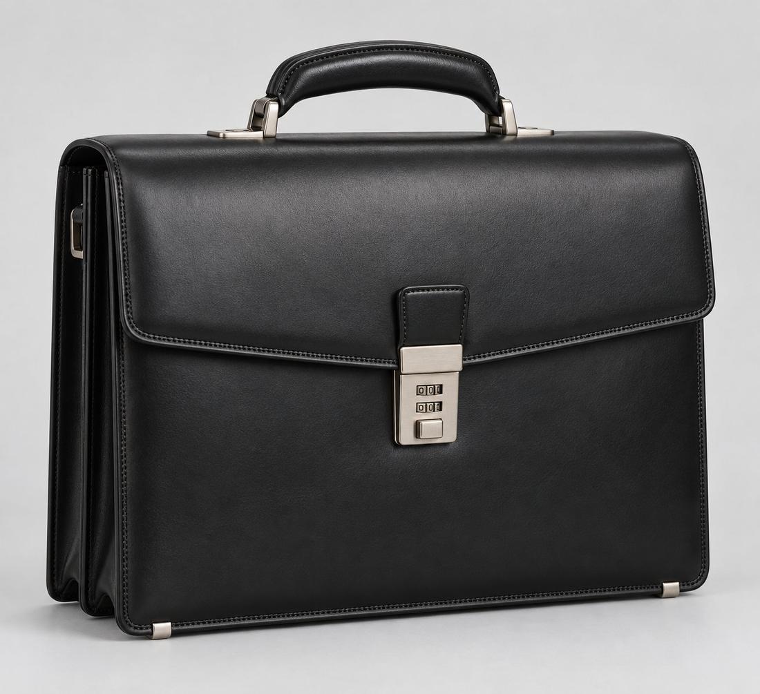 Black full-grain leather executive briefcase with a silver combination lock on the front flap