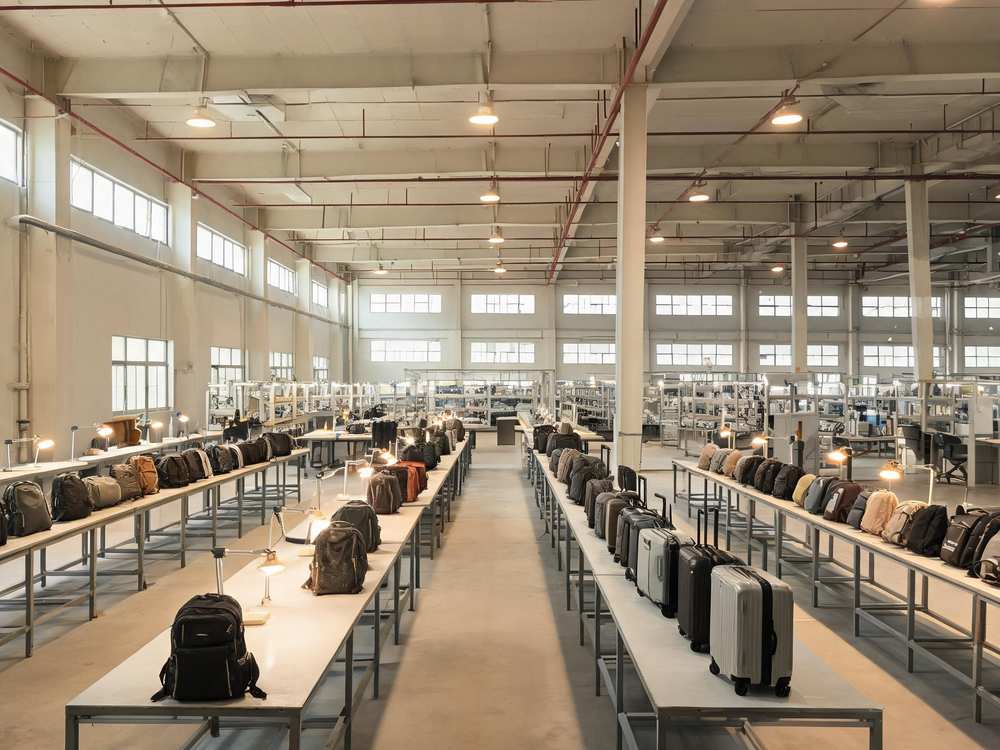 Finished backpacks and trolley cases lined up at inspection stations in the Wellmax factory