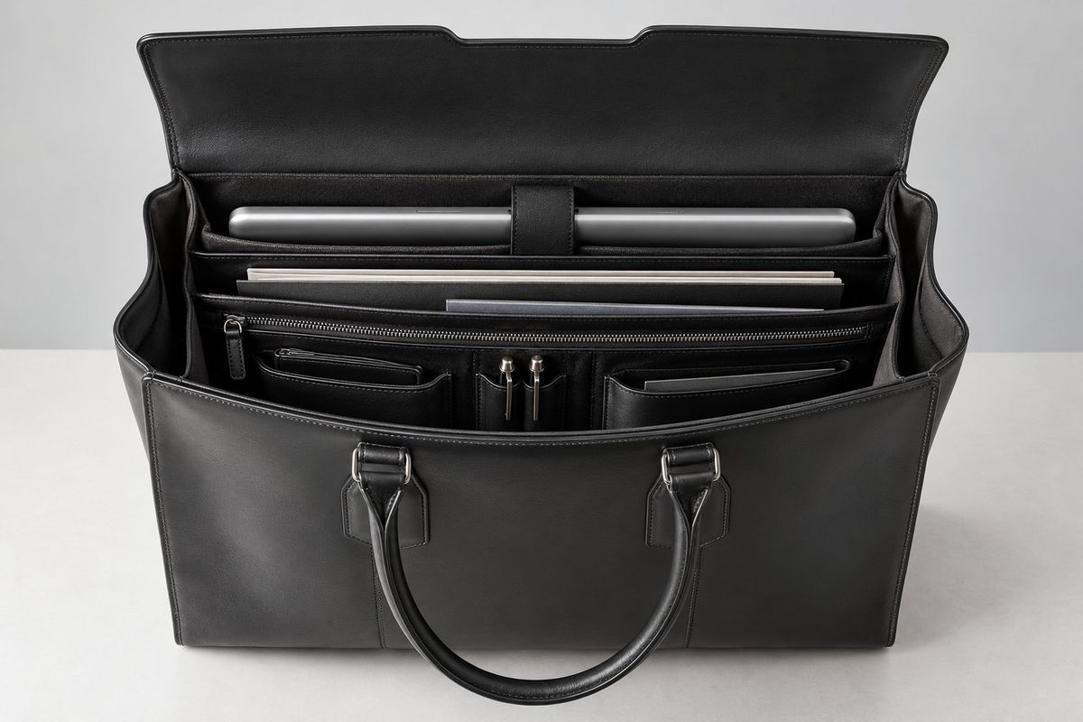 Open black leather laptop tote showing a padded compartment, document dividers and pen slots