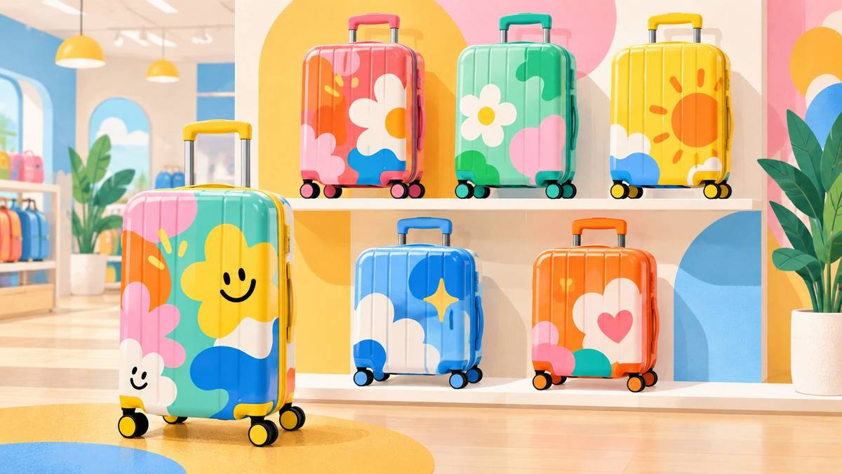 Illustration of colorful kids spinner luggage displayed on retail shelves
