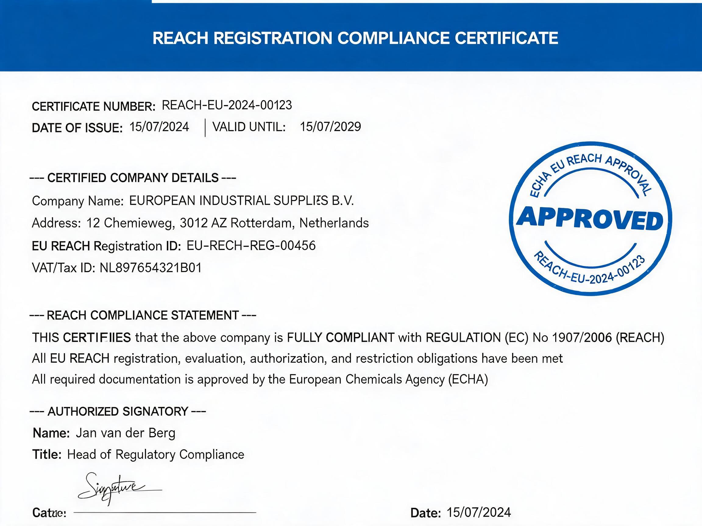REACH Registration Compliance Xiamen Dongfeng Bearing Mechanical & Electrical Co., Ltd. certification