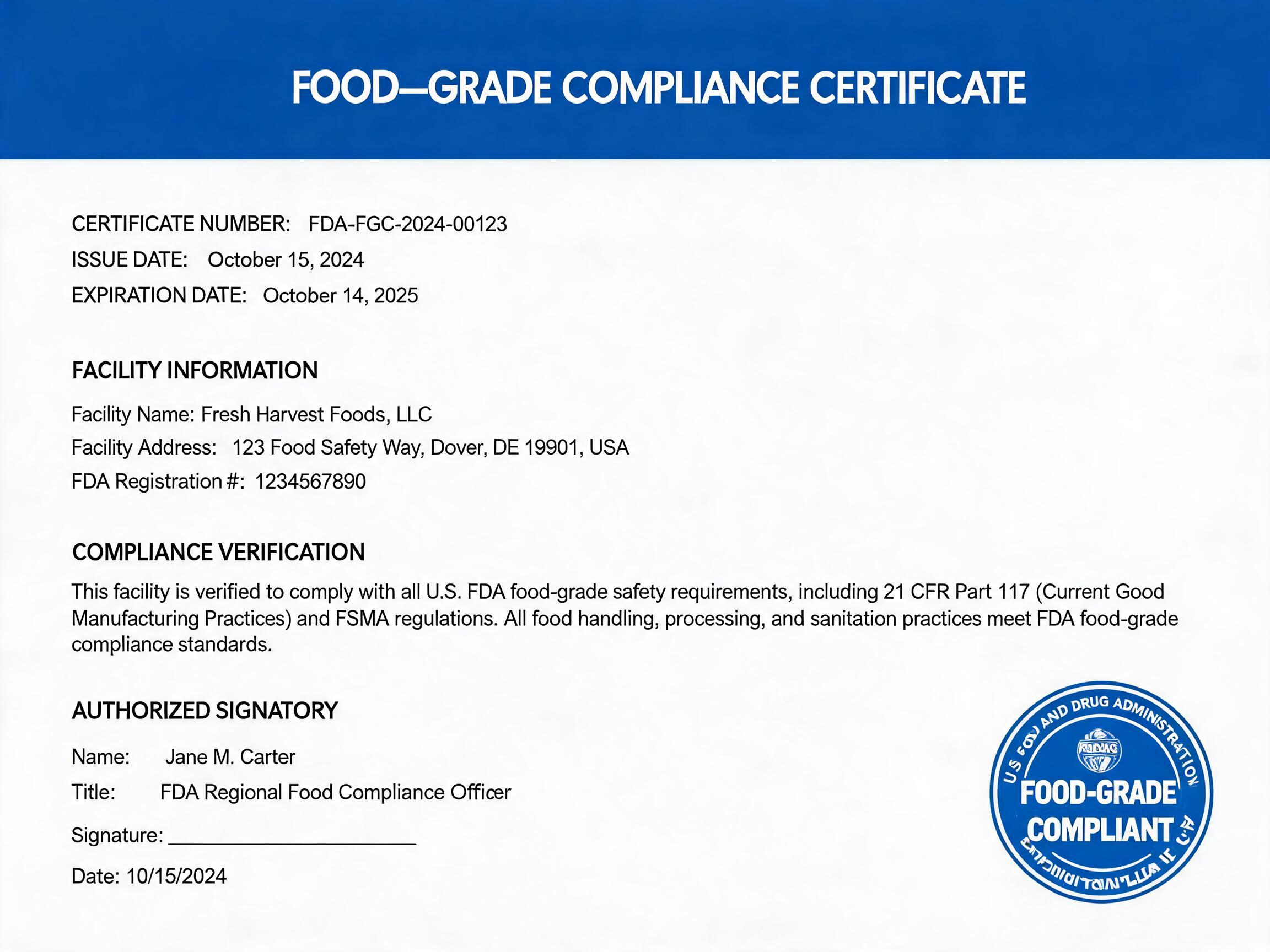 FDA Food-Grade Compliance Xiamen Dongfeng Bearing Mechanical & Electrical Co., Ltd. certification