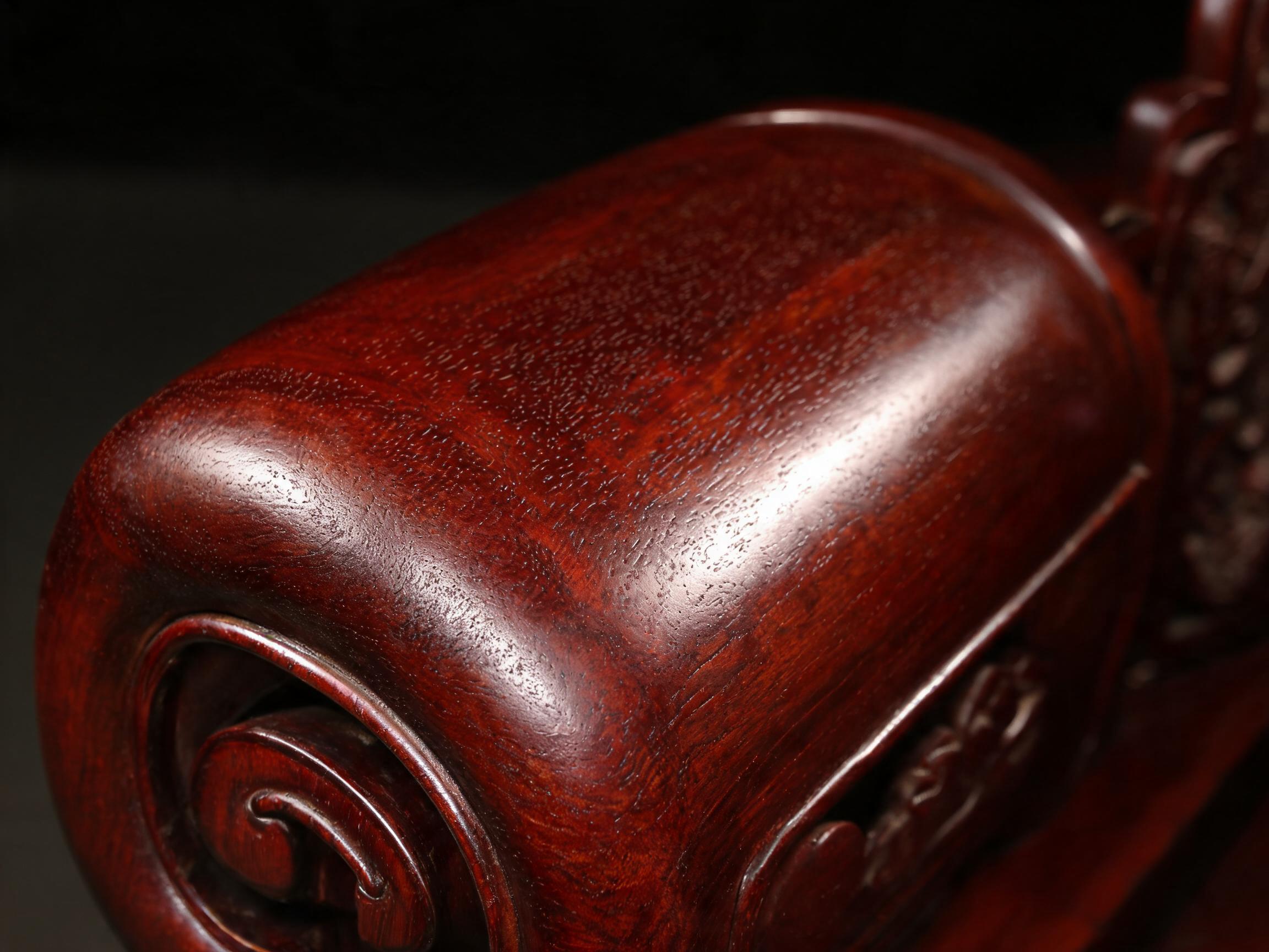 Nine-coat hand-rubbed raw lacquer surface of the Qing style rosewood sofa armrest with deep satin sheen and pumice-rubbed texture